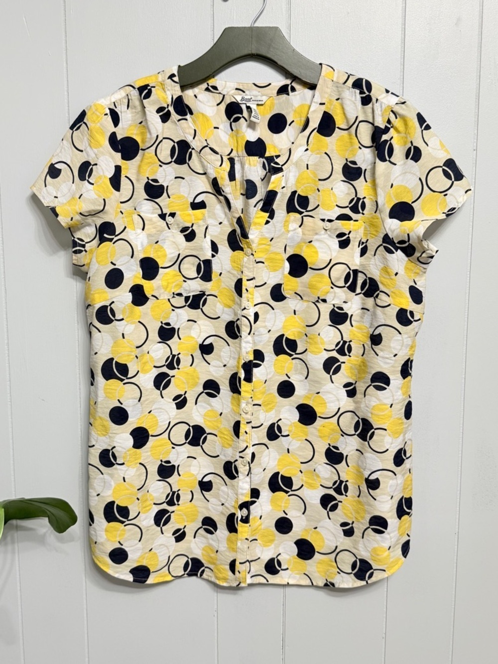 #1) Bass Yellow & Navy Short-Sleeve Printed Blouse